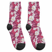 Pink Hawaiian Hibiscus Monstera Crew Socks Grunge Stylized LT01 - Polynesian Pride