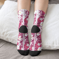 Pink Hawaiian Hibiscus Monstera Crew Socks Grunge Stylized LT01 - Polynesian Pride