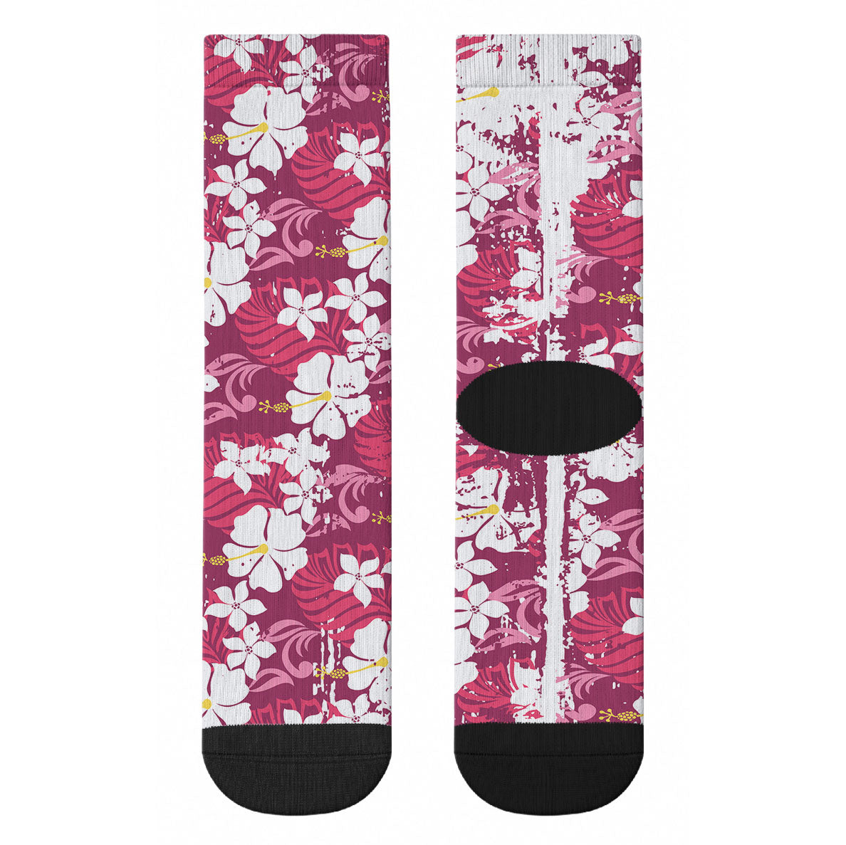 Pink Hawaiian Hibiscus Monstera Crew Socks Grunge Stylized LT01 - Polynesian Pride