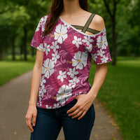 Pink Hawaiian Hibiscus Monstera Cross Shoulder Shirt Grunge Stylized LT01 - Polynesian Pride