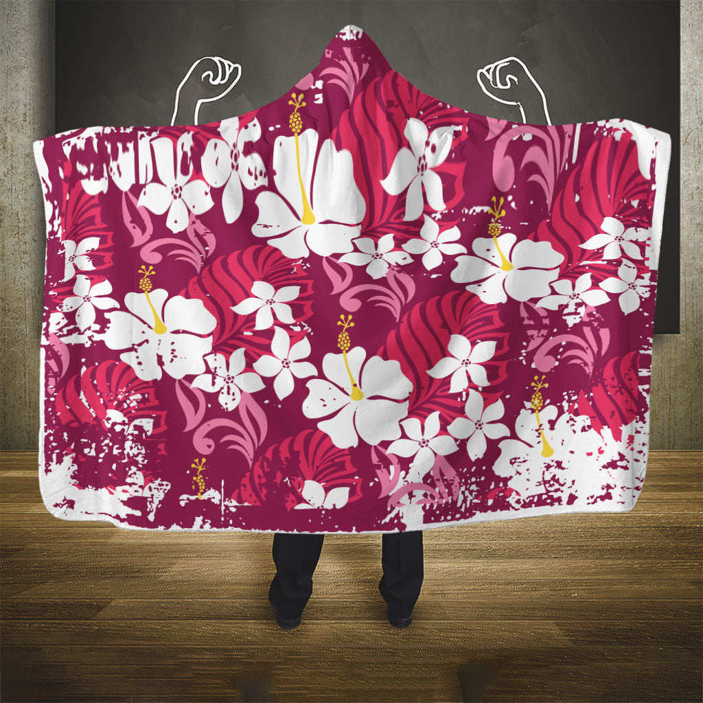 Pink Hawaiian Hibiscus Monstera Hooded Blanket Grunge Stylized LT01 - Polynesian Pride