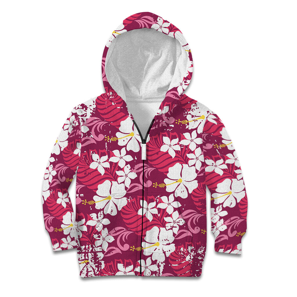 Pink Hawaiian Hibiscus Monstera Kid Hoodie Grunge Stylized LT01 Zip Hoodie Pink - Polynesian Pride