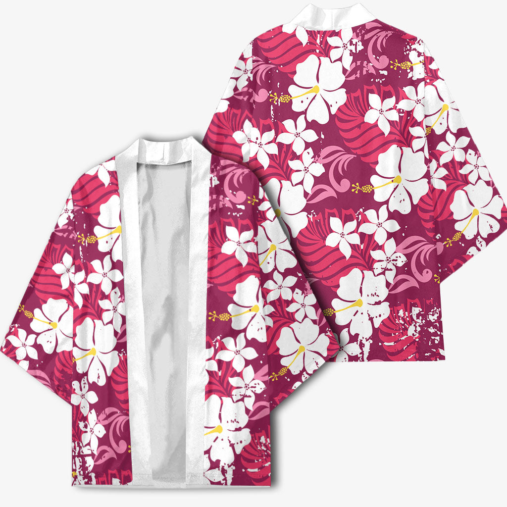 Pink Hawaiian Hibiscus Monstera Kimono Grunge Stylized