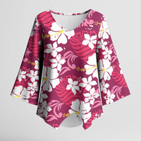 Pink Hawaiian Hibiscus Monstera Kimono Sleeve Blouse Grunge Stylized LT01 Female Pink - Polynesian Pride
