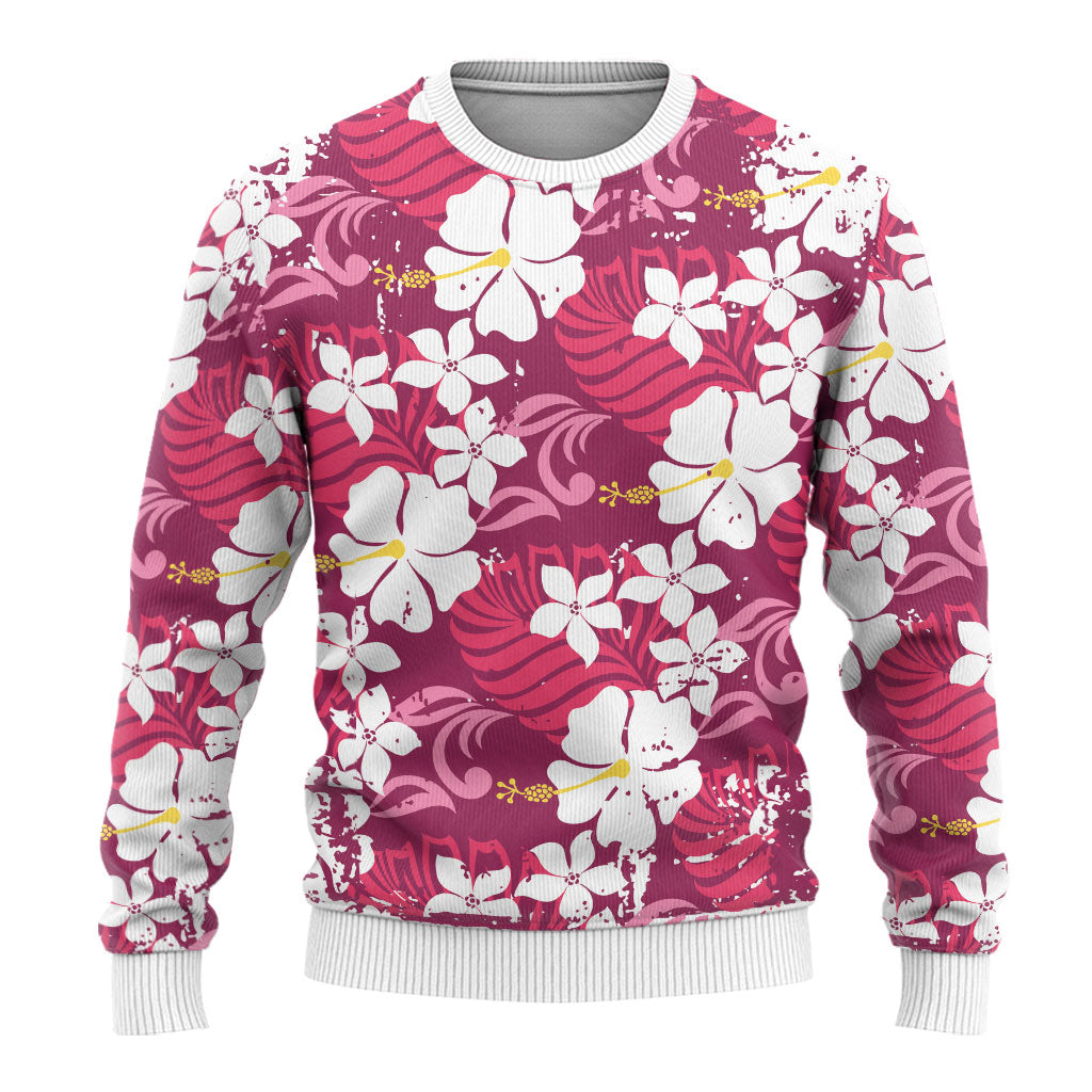 Pink Hawaiian Hibiscus Monstera Ugly Christmas Sweater Grunge Stylized LT01 - Polynesian Pride