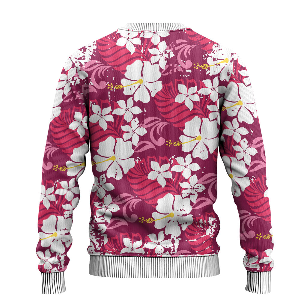 Pink Hawaiian Hibiscus Monstera Ugly Christmas Sweater Grunge Stylized LT01 - Polynesian Pride