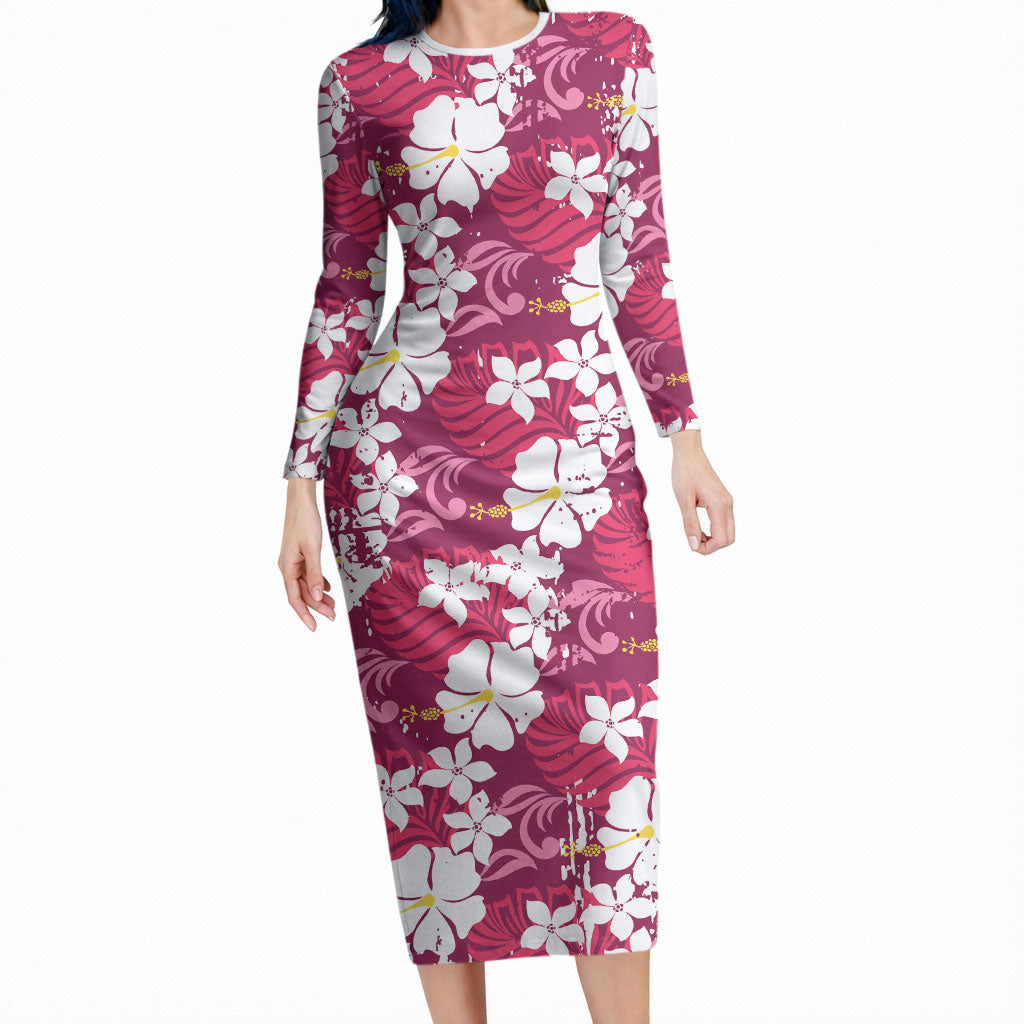 Pink Hawaiian Hibiscus Monstera Long Sleeve Bodycon Dress Grunge Stylized LT01 Long Dress Pink - Polynesian Pride