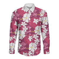 Pink Hawaiian Hibiscus Monstera Long Sleeve Button Shirt Grunge Stylized LT01 Unisex Pink - Polynesian Pride