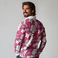 Pink Hawaiian Hibiscus Monstera Long Sleeve Polo Shirt Grunge Stylized LT01 - Polynesian Pride