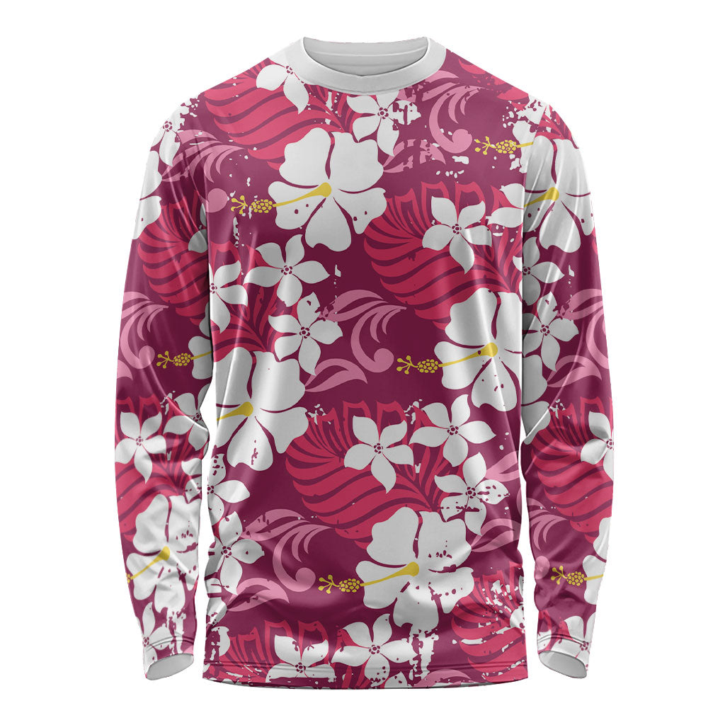 Pink Hawaiian Hibiscus Monstera Long Sleeve Shirt Grunge Stylized LT01 Unisex Pink - Polynesian Pride