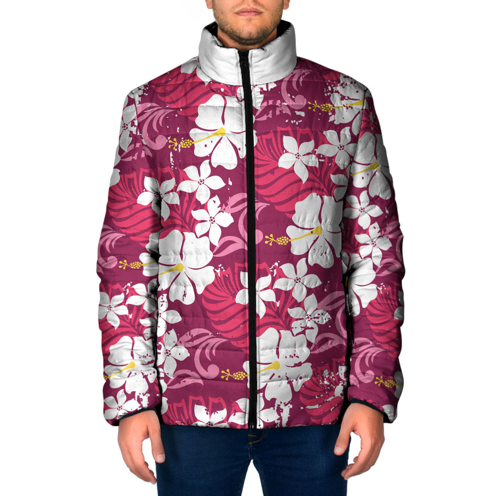 Pink Hawaiian Hibiscus Monstera Padded Jacket Grunge Stylized