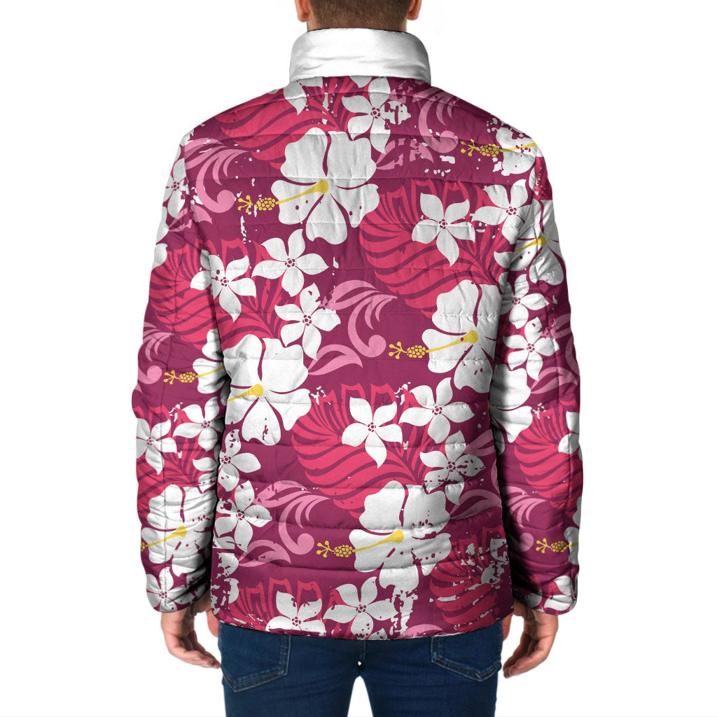 Pink Hawaiian Hibiscus Monstera Padded Jacket Grunge Stylized