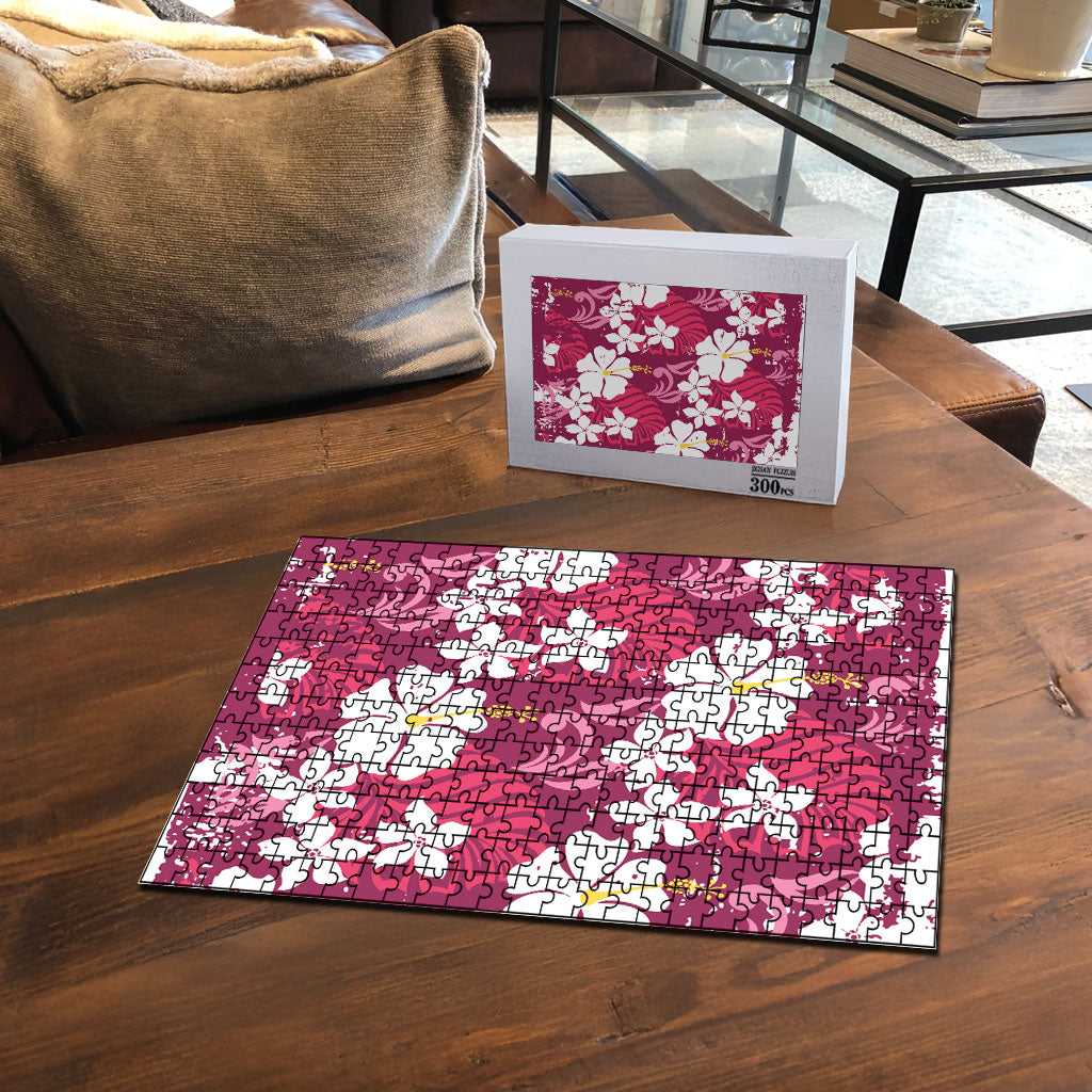 Pink Hawaiian Hibiscus Monstera Puzzle Grunge Stylized