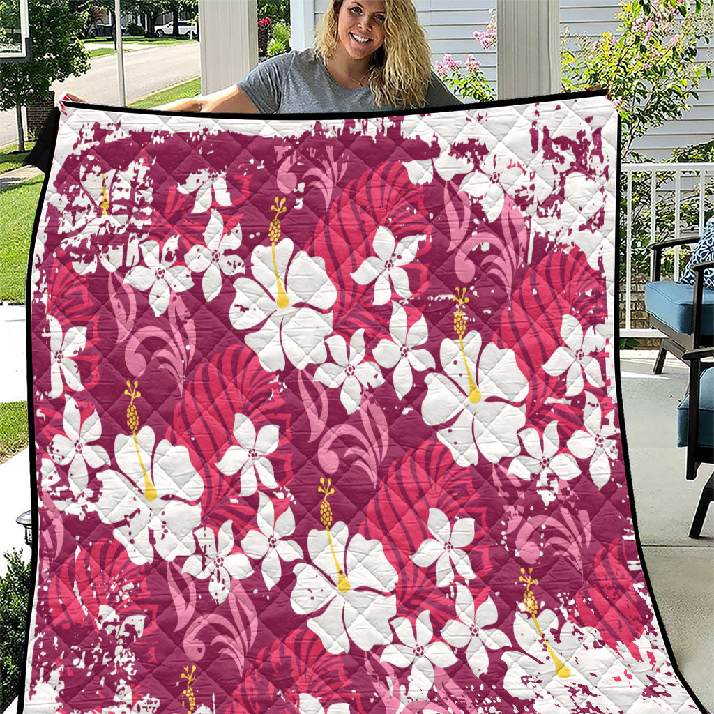 Pink Hawaiian Hibiscus Monstera Quilt Grunge Stylized