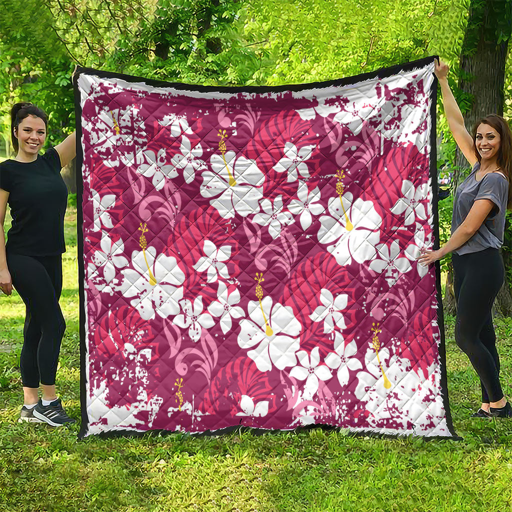 Pink Hawaiian Hibiscus Monstera Quilt Grunge Stylized