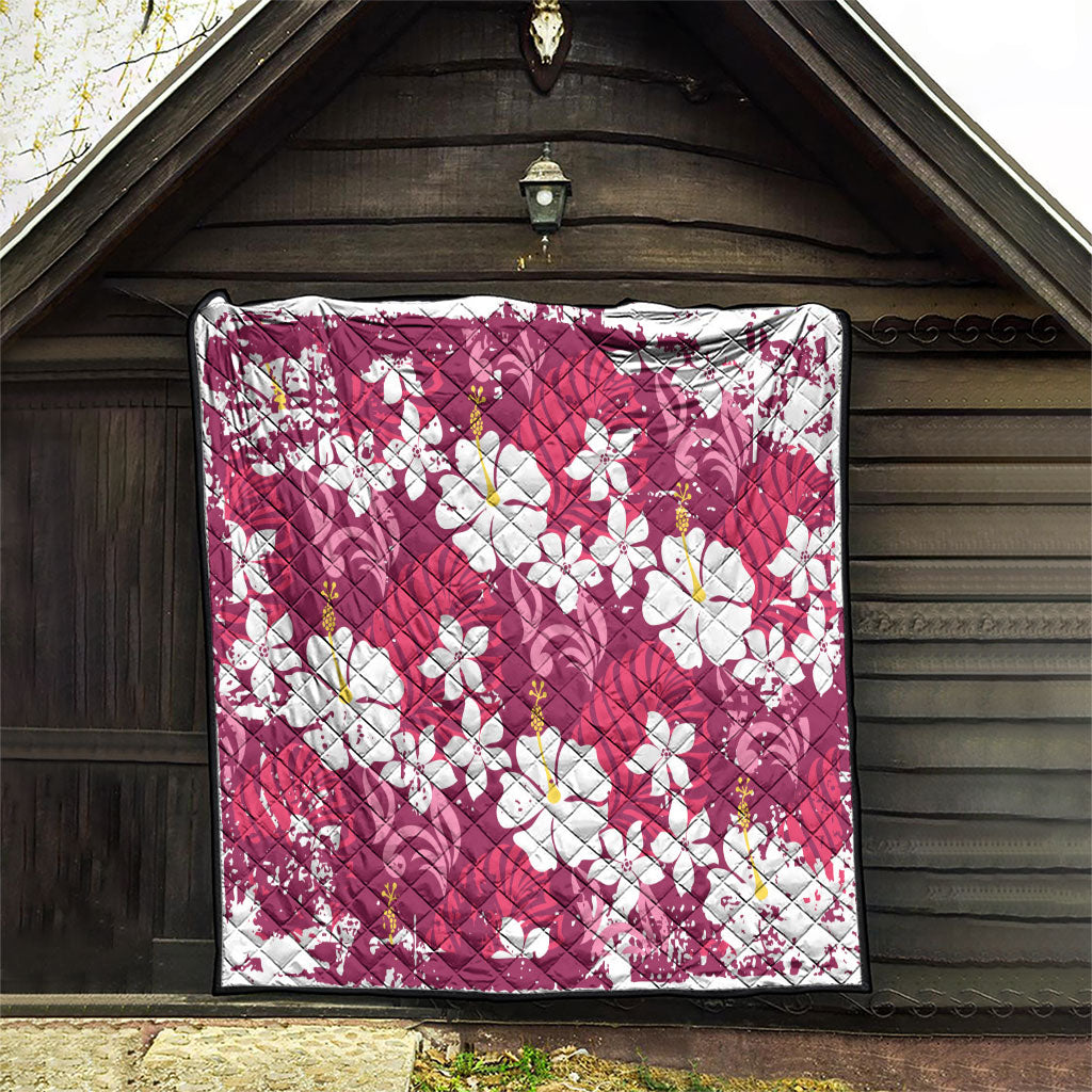 Pink Hawaiian Hibiscus Monstera Quilt Grunge Stylized