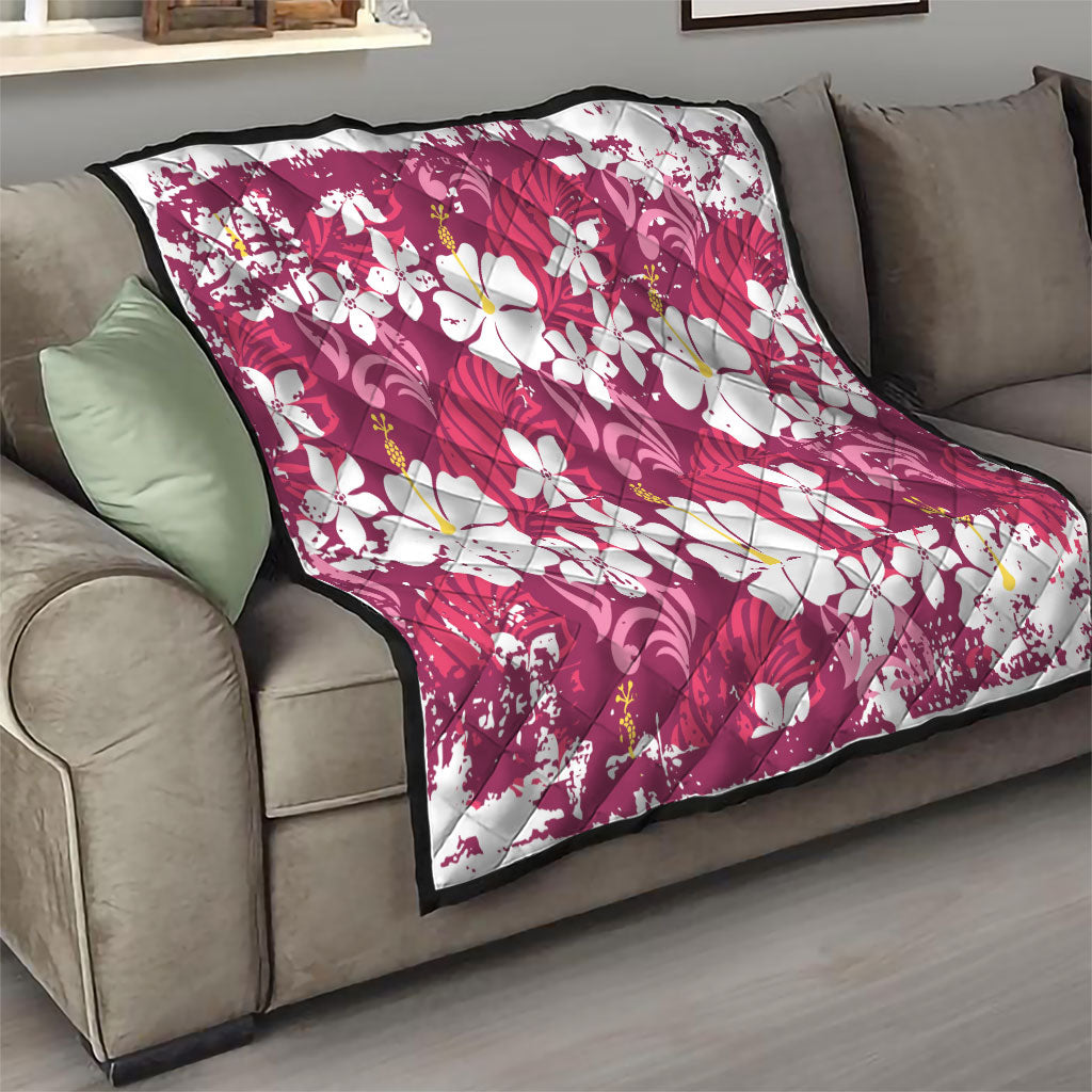 Pink Hawaiian Hibiscus Monstera Quilt Grunge Stylized