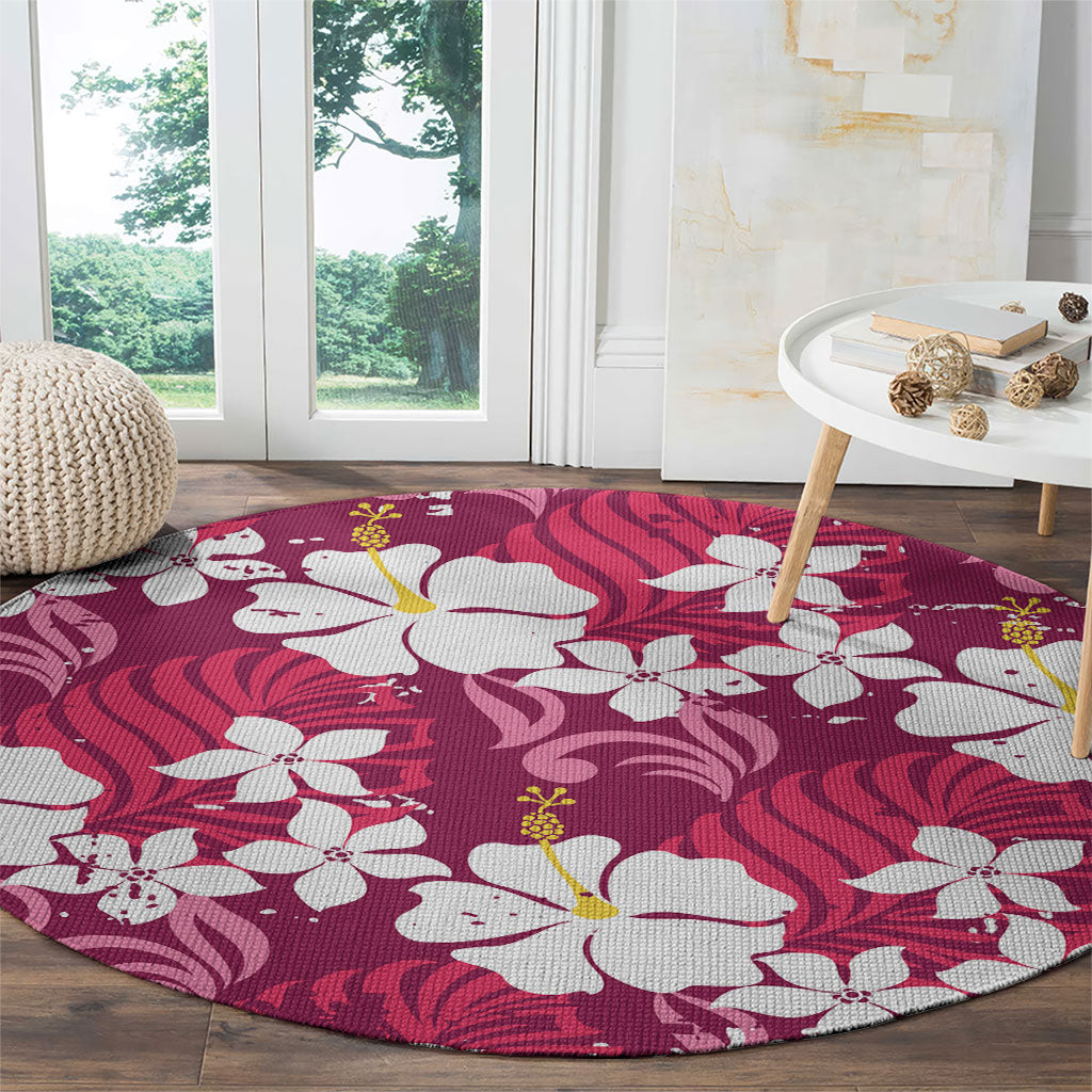 Pink Hawaiian Hibiscus Monstera Round Carpet Grunge Stylized