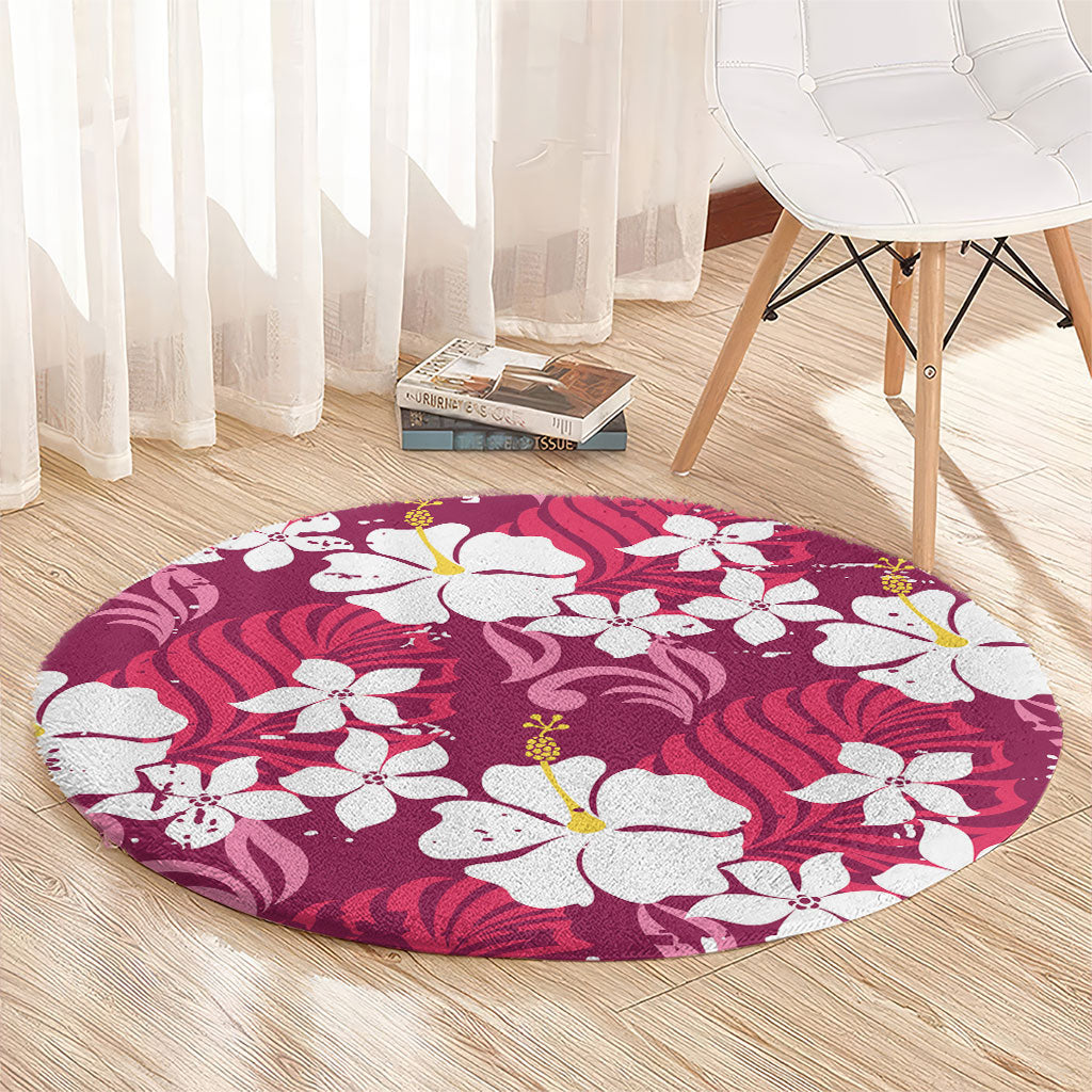 Pink Hawaiian Hibiscus Monstera Round Carpet Grunge Stylized