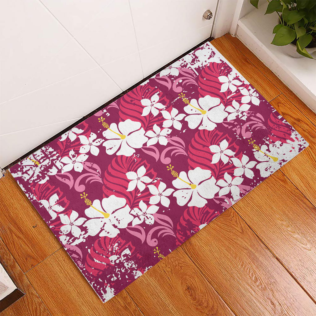 Pink Hawaiian Hibiscus Monstera Rubber Doormat Grunge Stylized LT01 - Polynesian Pride