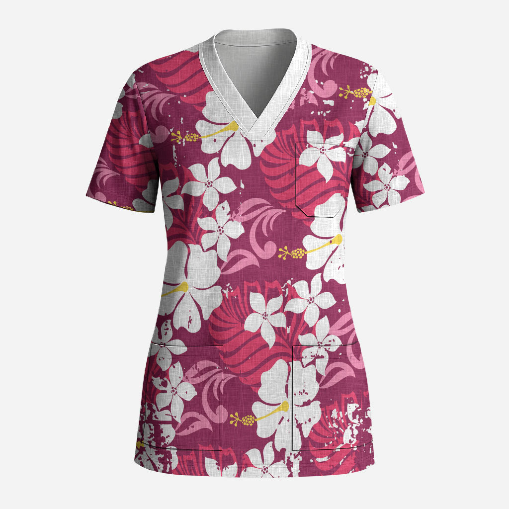 Pink Hawaiian Hibiscus Monstera Scrub Top Grunge Stylized LT01 Adult Pink - Polynesian Pride
