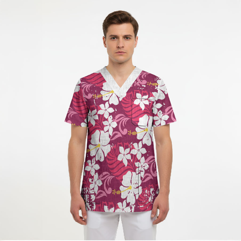 Pink Hawaiian Hibiscus Monstera Scrub Top Grunge Stylized LT01 - Polynesian Pride