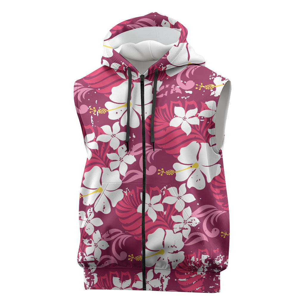 Pink Hawaiian Hibiscus Monstera Sleeveless Zip Hoodie Grunge Stylized LT01 Pink - Polynesian Pride