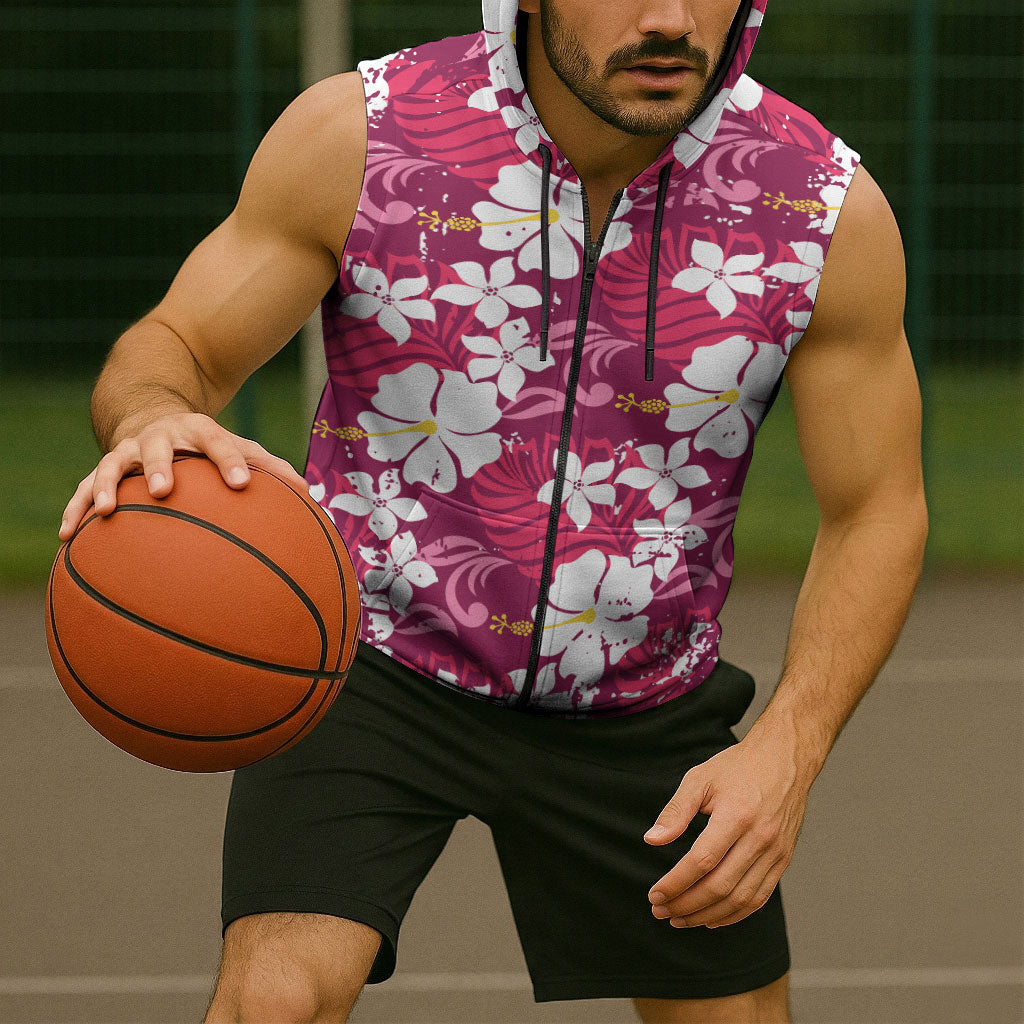 Pink Hawaiian Hibiscus Monstera Sleeveless Zip Hoodie Grunge Stylized LT01 - Polynesian Pride