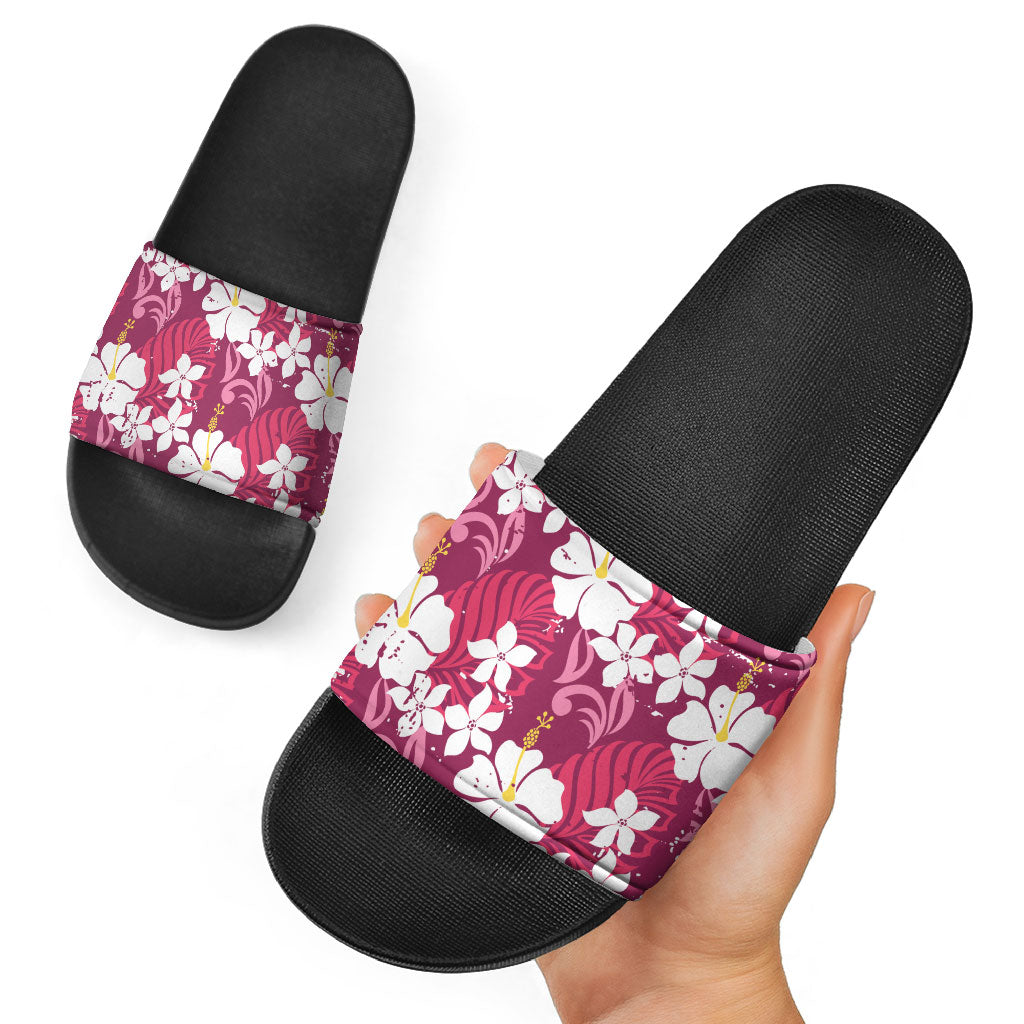 Pink Hawaiian Hibiscus Monstera Slide Sandals Grunge Stylized LT01 - Polynesian Pride