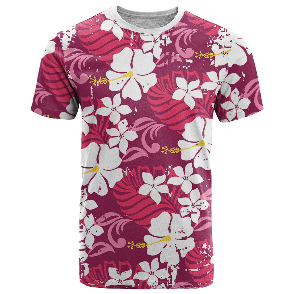 Pink Hawaiian Hibiscus Monstera T Shirt Grunge Stylized LT01 Pink - Polynesian Pride
