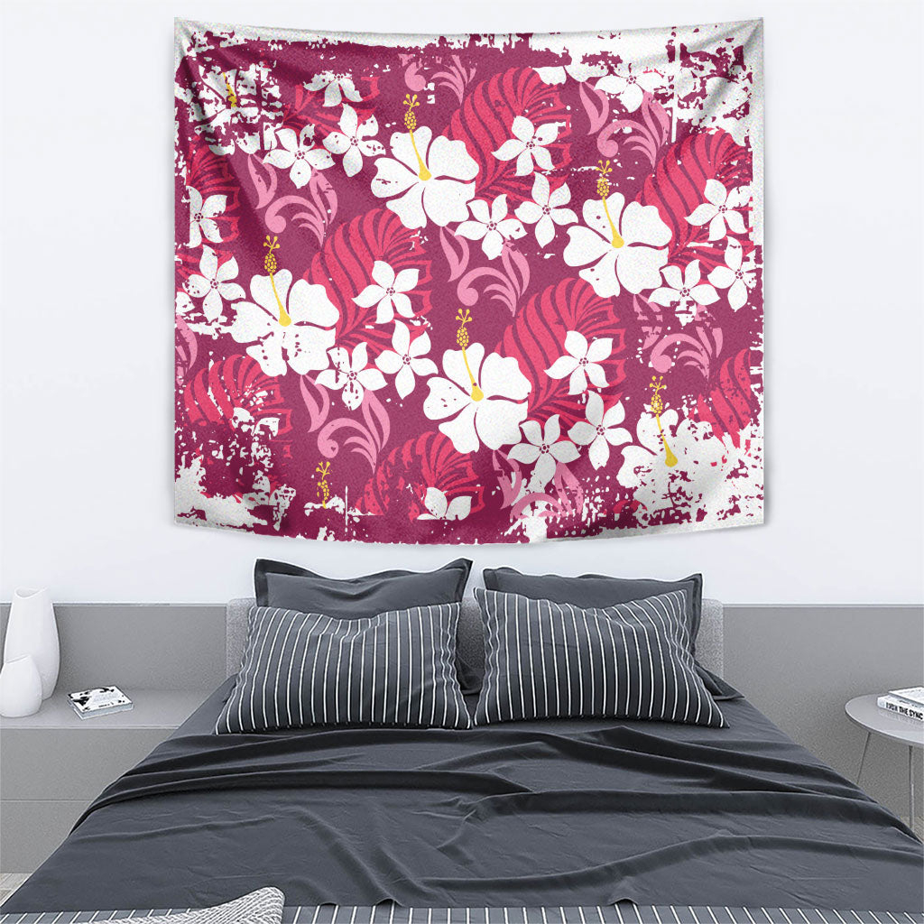 Pink Hawaiian Hibiscus Monstera Tapestry Grunge Stylized LT01 - Polynesian Pride