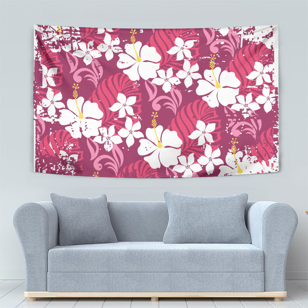 Pink Hawaiian Hibiscus Monstera Tapestry Grunge Stylized LT01 - Polynesian Pride