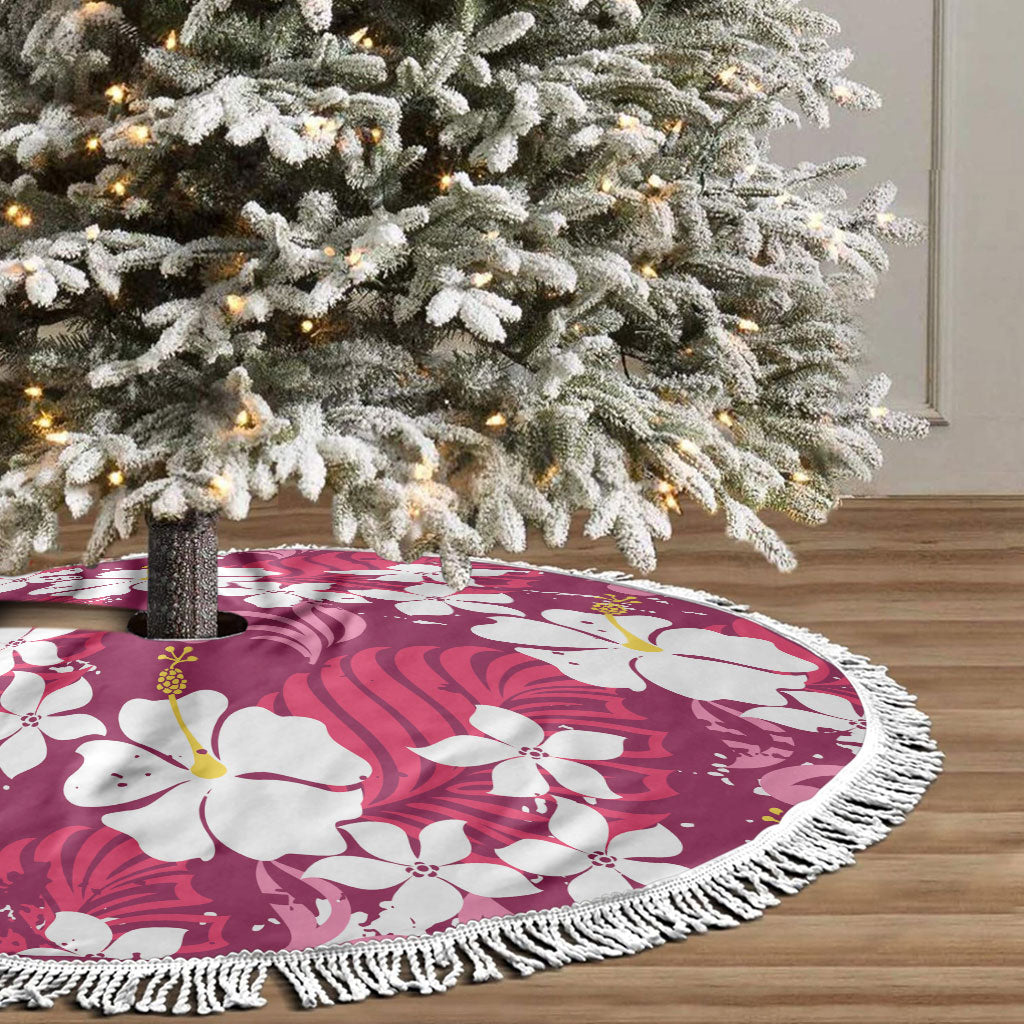 Pink Hawaiian Hibiscus Monstera Tree Skirt Grunge Stylized LT01 - Polynesian Pride