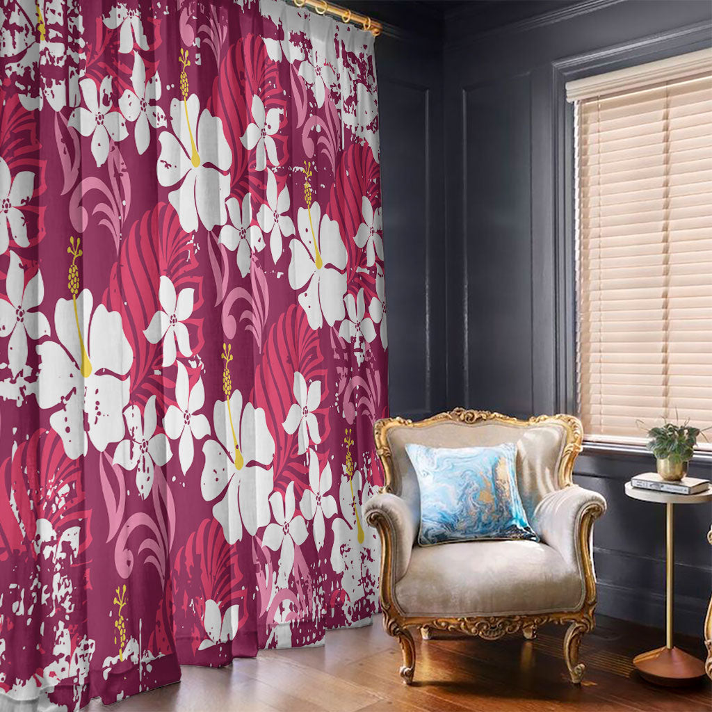 Pink Hawaiian Hibiscus Monstera Window Curtain Grunge Stylized