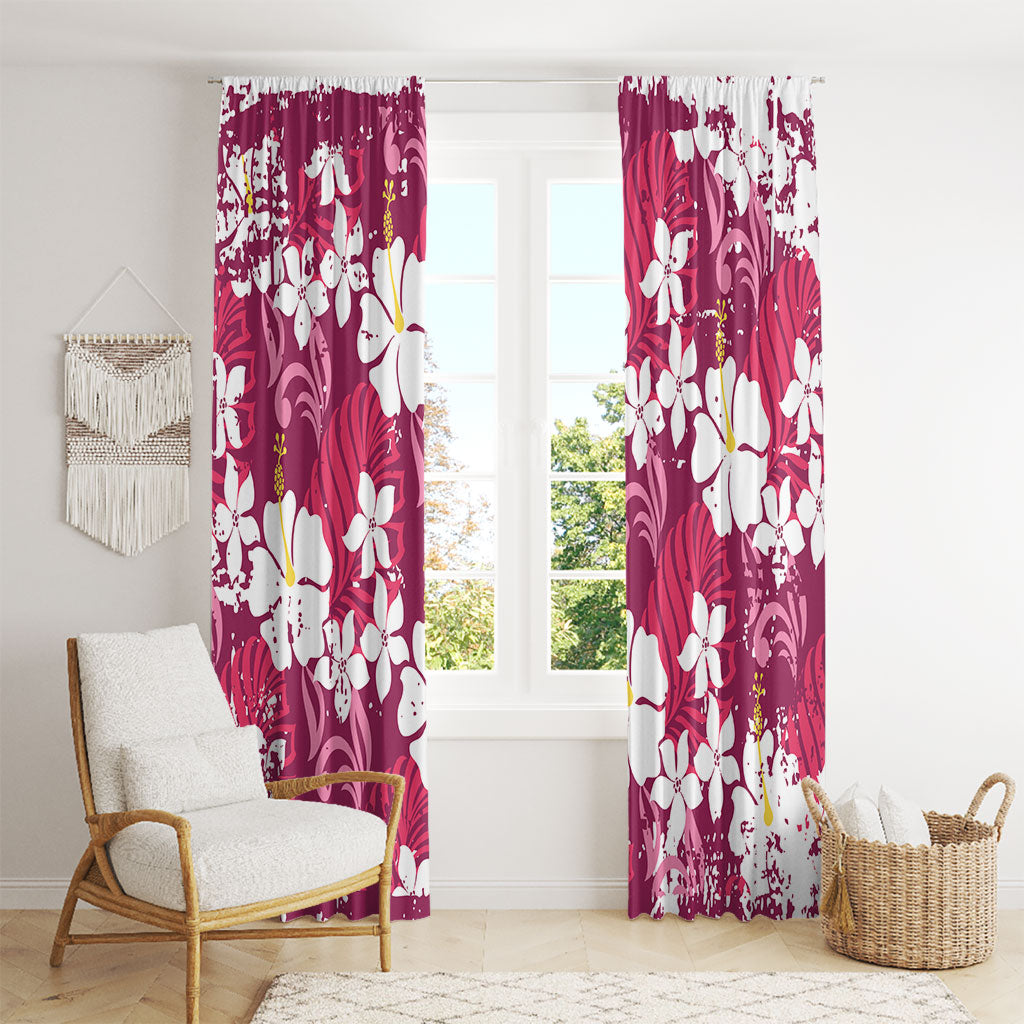 Pink Hawaiian Hibiscus Monstera Window Curtain Grunge Stylized