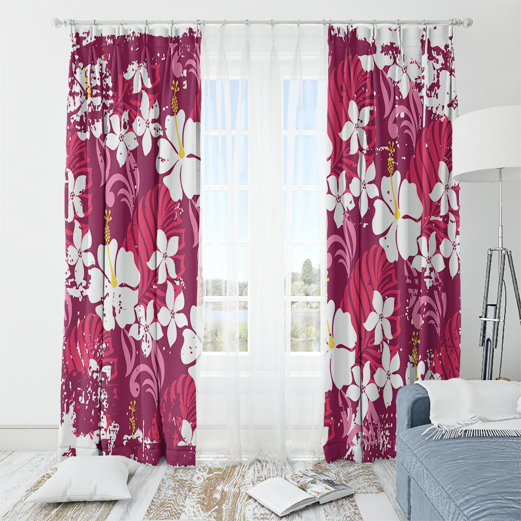 Pink Hawaiian Hibiscus Monstera Window Curtain Grunge Stylized