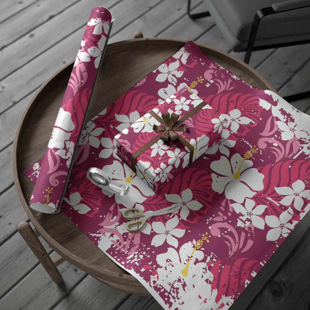 Pink Hawaiian Hibiscus Monstera Wrapping Paper Grunge Stylized