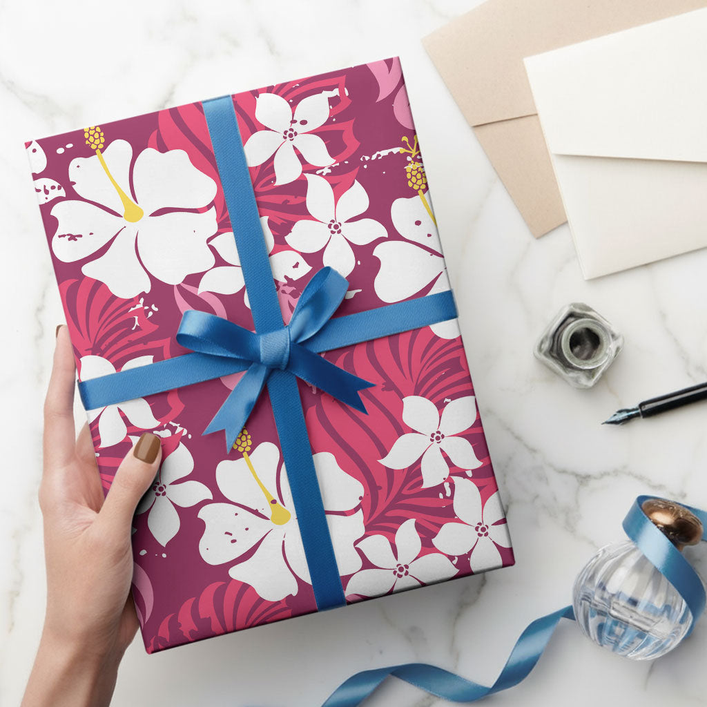 Pink Hawaiian Hibiscus Monstera Wrapping Paper Grunge Stylized
