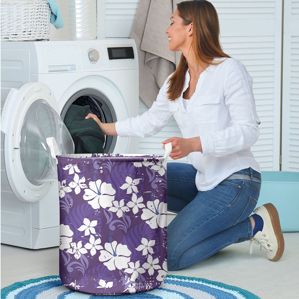 Purple Hawaiian Hibiscus Monstera Laundry Basket Grunge Stylized LT01 - Polynesian Pride