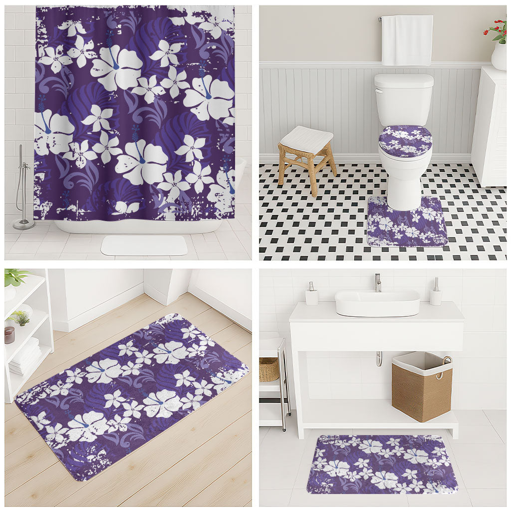 Purple Hawaiian Hibiscus Monstera Bathroom Set Grunge Stylized