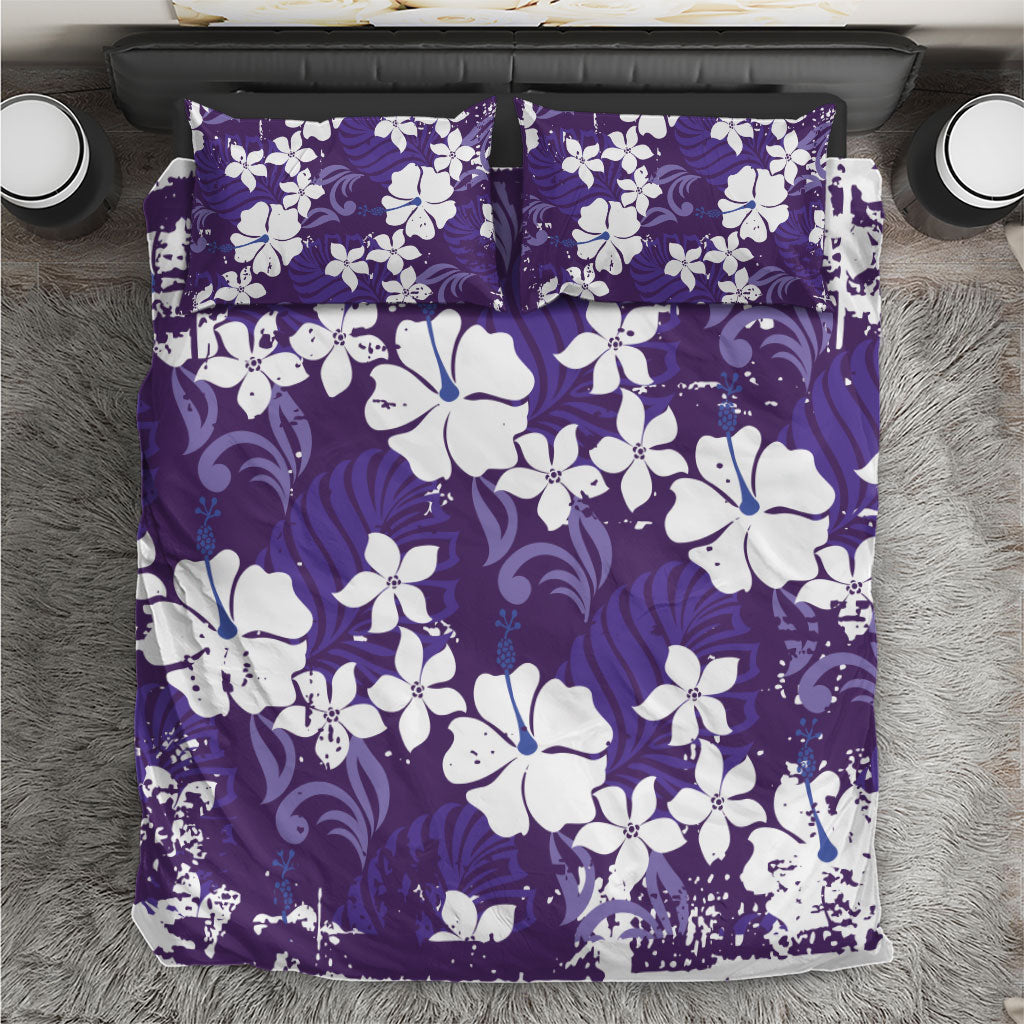 Purple Hawaiian Hibiscus Monstera Bedding Set Grunge Stylized