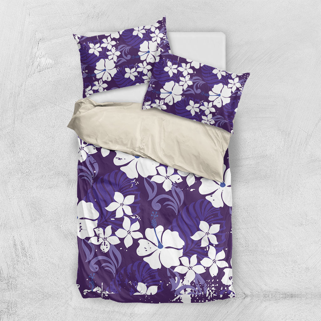 Purple Hawaiian Hibiscus Monstera Bedding Set Grunge Stylized