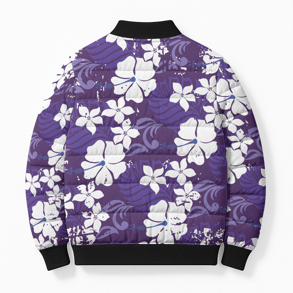 Purple Hawaiian Hibiscus Monstera Bomber Puffer Jacket Grunge Stylized LT01 - Polynesian Pride