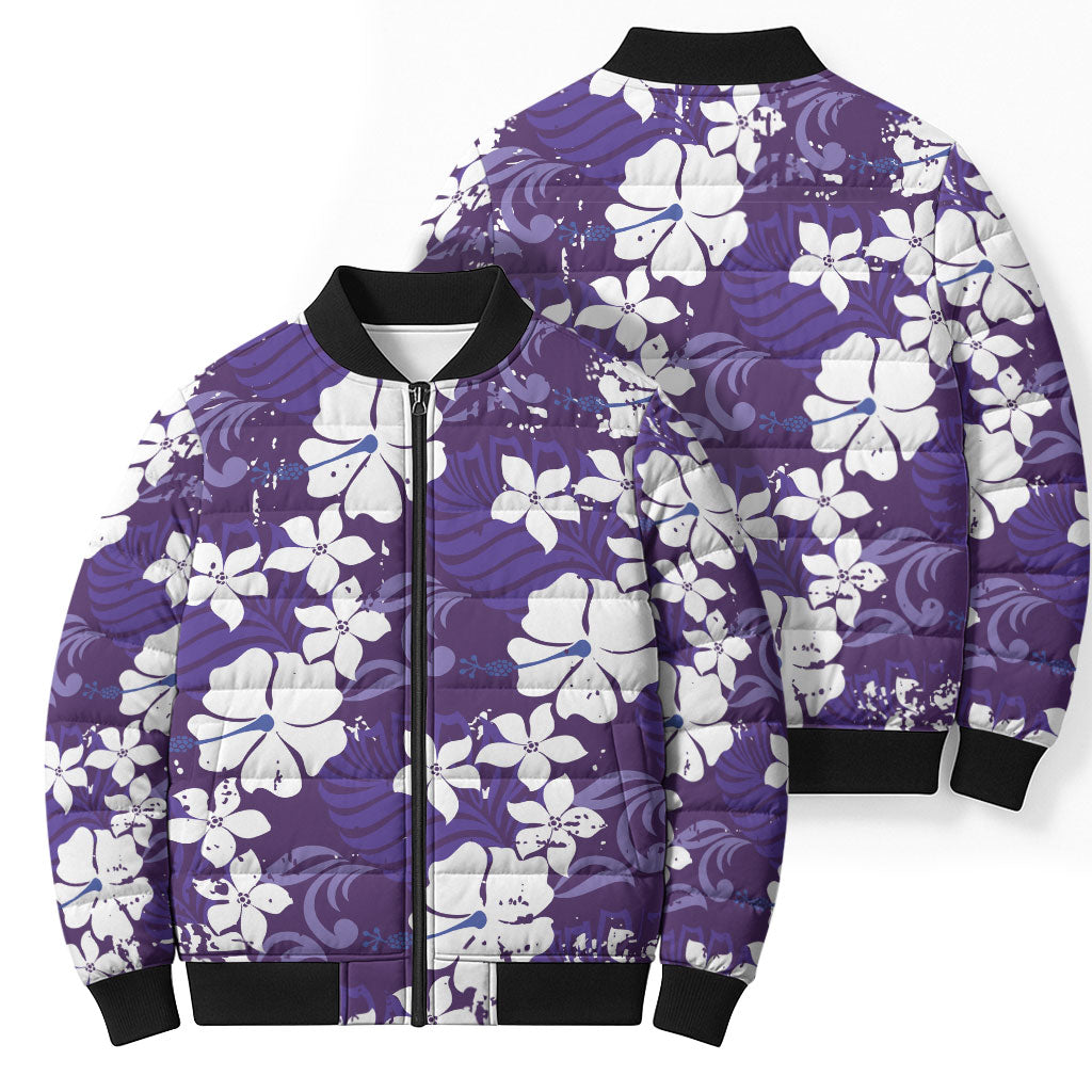 Purple Hawaiian Hibiscus Monstera Bomber Puffer Jacket Grunge Stylized LT01 - Polynesian Pride
