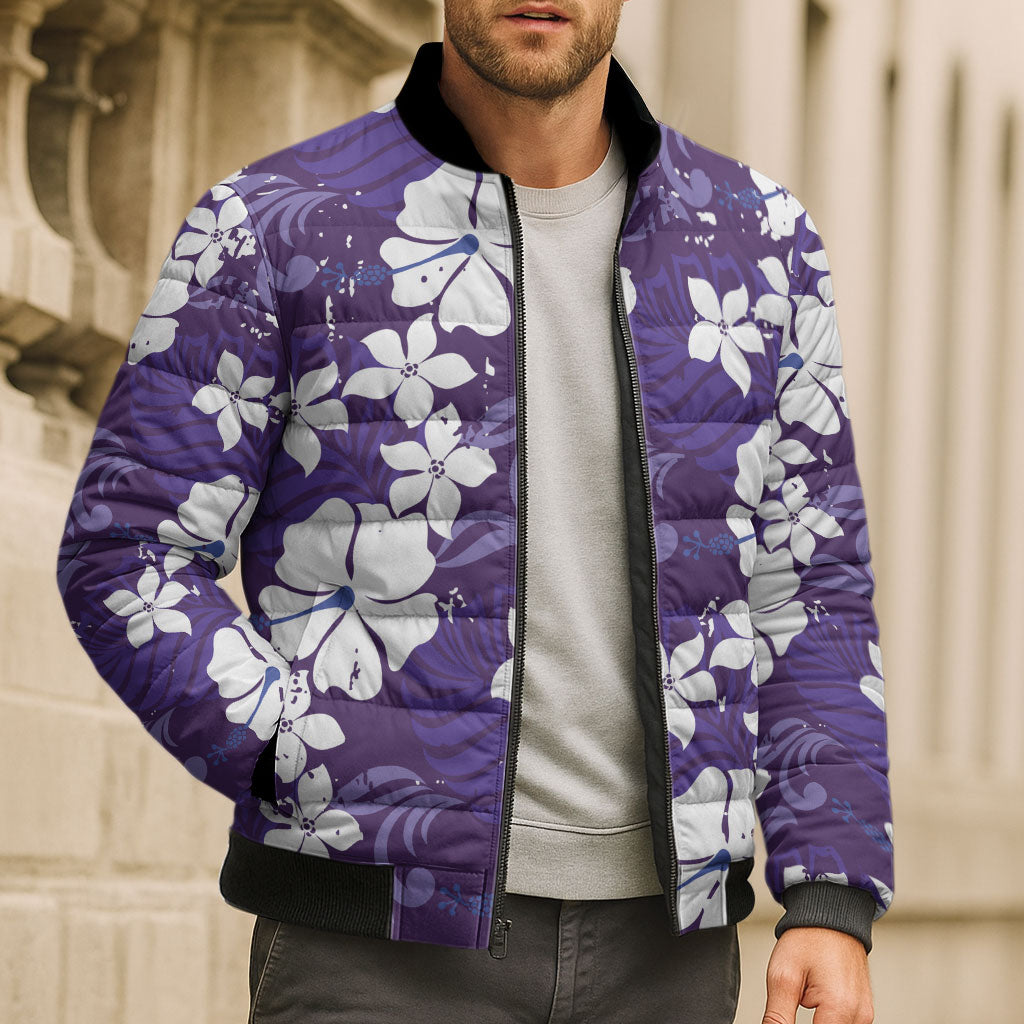 Purple Hawaiian Hibiscus Monstera Bomber Puffer Jacket Grunge Stylized LT01 - Polynesian Pride
