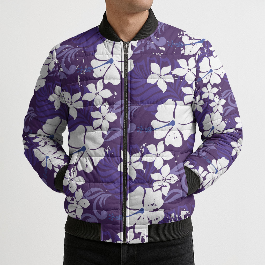 Purple Hawaiian Hibiscus Monstera Bomber Puffer Jacket Grunge Stylized LT01 - Polynesian Pride
