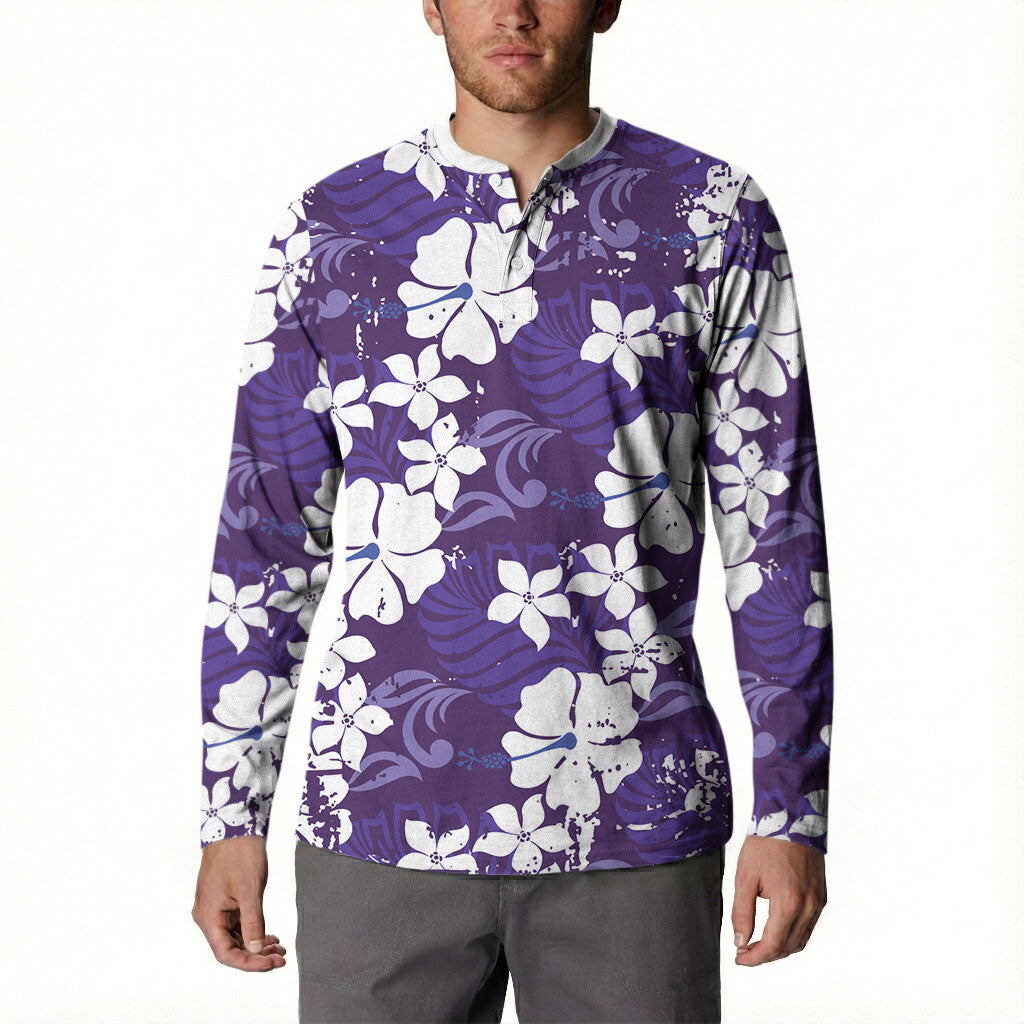 Purple Hawaiian Hibiscus Monstera Button Sweatshirt Grunge Stylized
