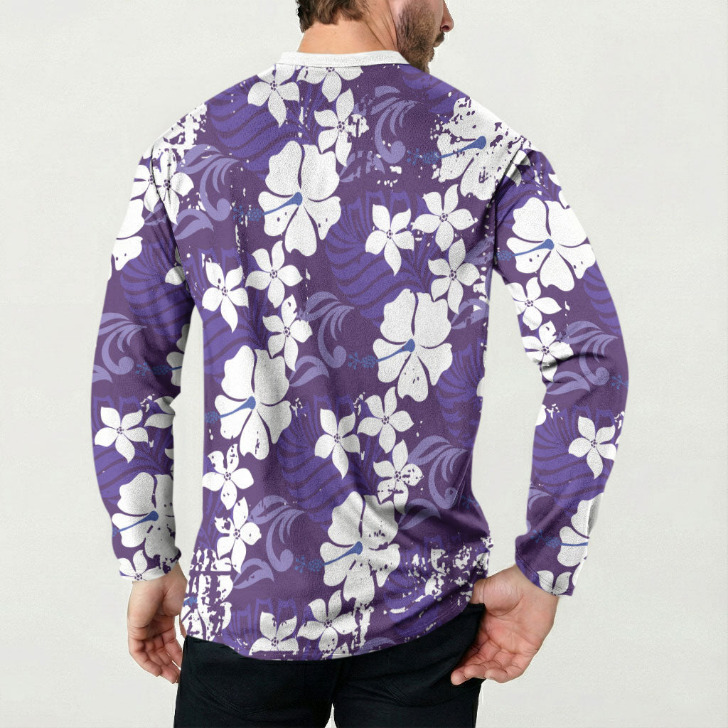 Purple Hawaiian Hibiscus Monstera Button Sweatshirt Grunge Stylized