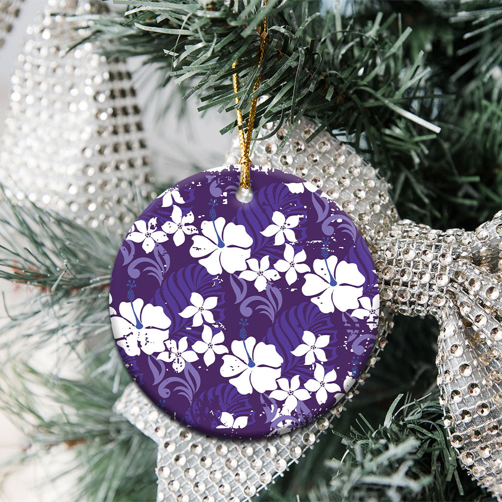 Purple Hawaiian Hibiscus Monstera Ceramic Ornament Grunge Stylized