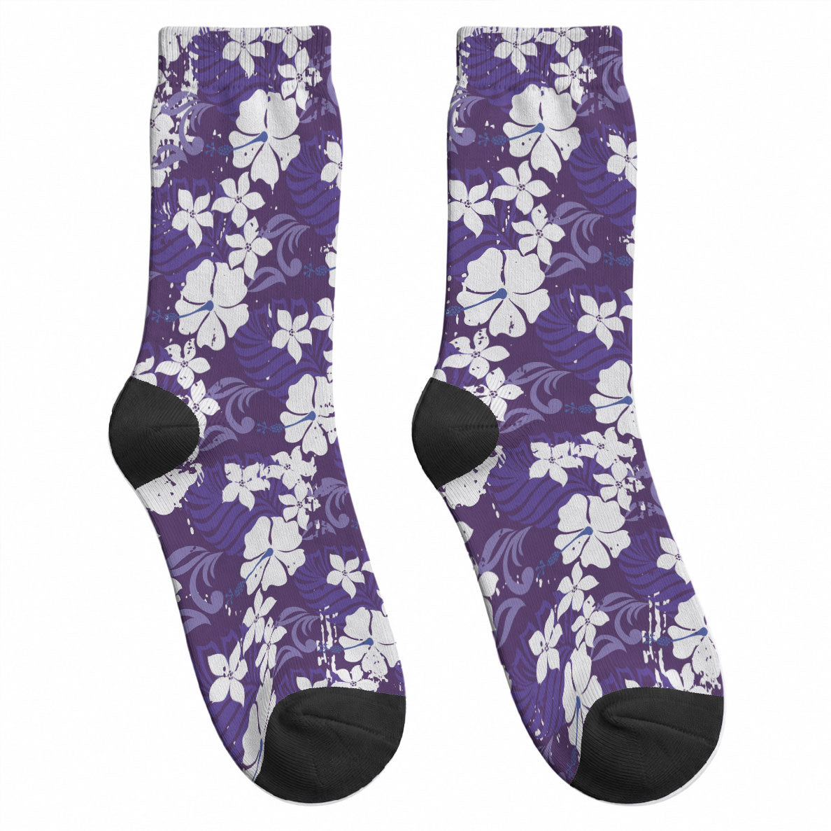 Purple Hawaiian Hibiscus Monstera Crew Socks Grunge Stylized LT01 - Polynesian Pride